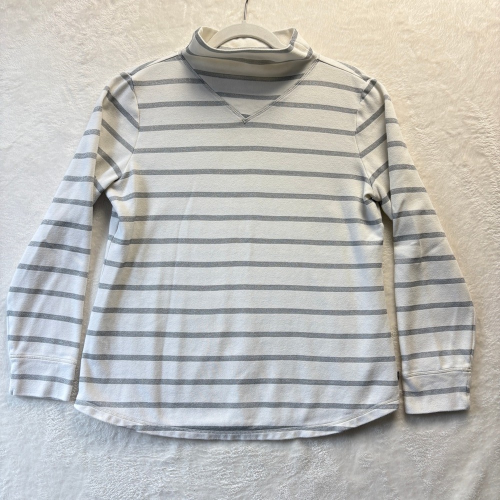 T‎ by Talbots Top Women Sz Medium Silver Metallic Striped Turtleneck Long Sleeve